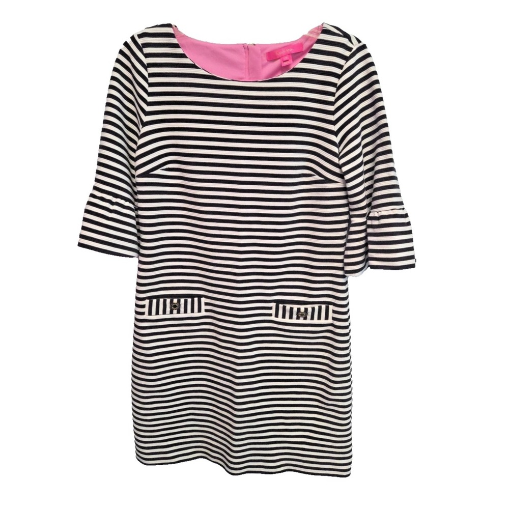 Lilly Pulitzer Womens Medium Black‎ White Stripe 3/4 Bell Sleeve Aiden Zip Dress